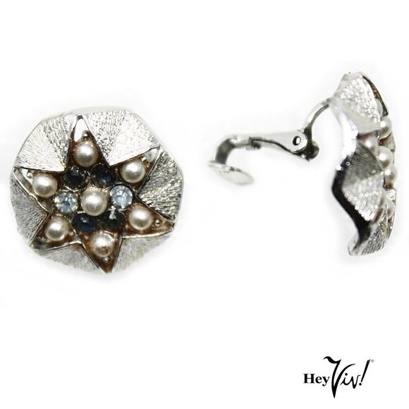 Vintage Coro Clip On Earrings - Silver Star Shape w Pearl & Rhinestones -Hey Viv - Picture 3 of 4